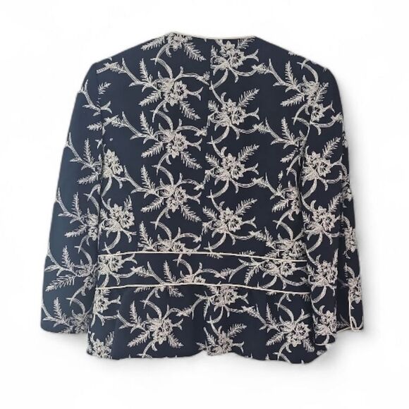 Liz Claiborne Linen Blend Jacket Sz 8 Navy Embroidered Floral Lightweight - Picture 2 of 14